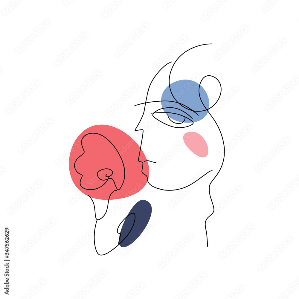 Woman face line. Female face with flower and leaves. Hand drawn lines style. Black on a white background with colorful color spots Woman face line. Female face with flower and leaves. Hand drawn lines style. Black on a white background with colorful color spots