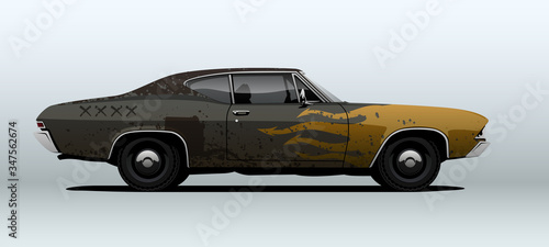 Rusty muscle car. Vector illustration, view from side.