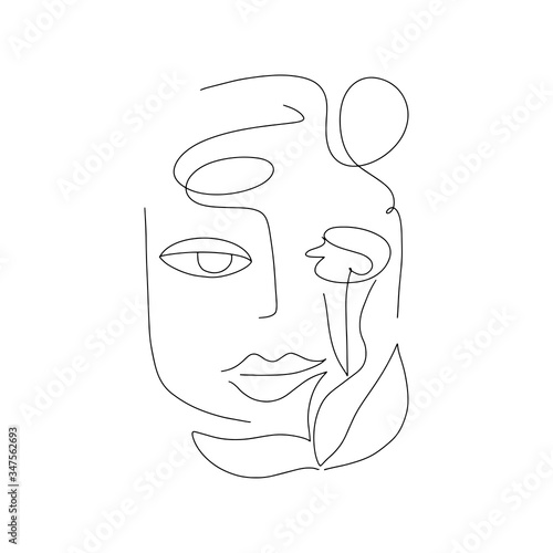 Woman face one line with flower. Female face with rose. Hand drawn line style. Abstract portrait. Vector illustration, black on white background