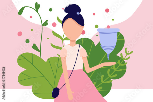 Menstrual cramp in period, use menstrual cup inside vagina. Zero waste feminine device. Menstuation womans period. Personal hygiene.