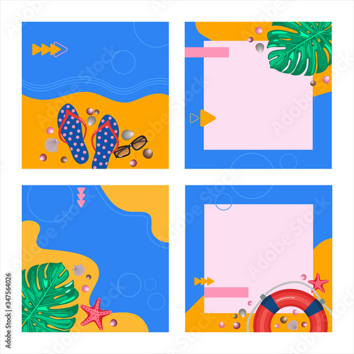 Social media square templates. Summer theme. Blue and yellow vibrant colors. Starfish and shells on the sand. Tropical palm monstera leaves. 