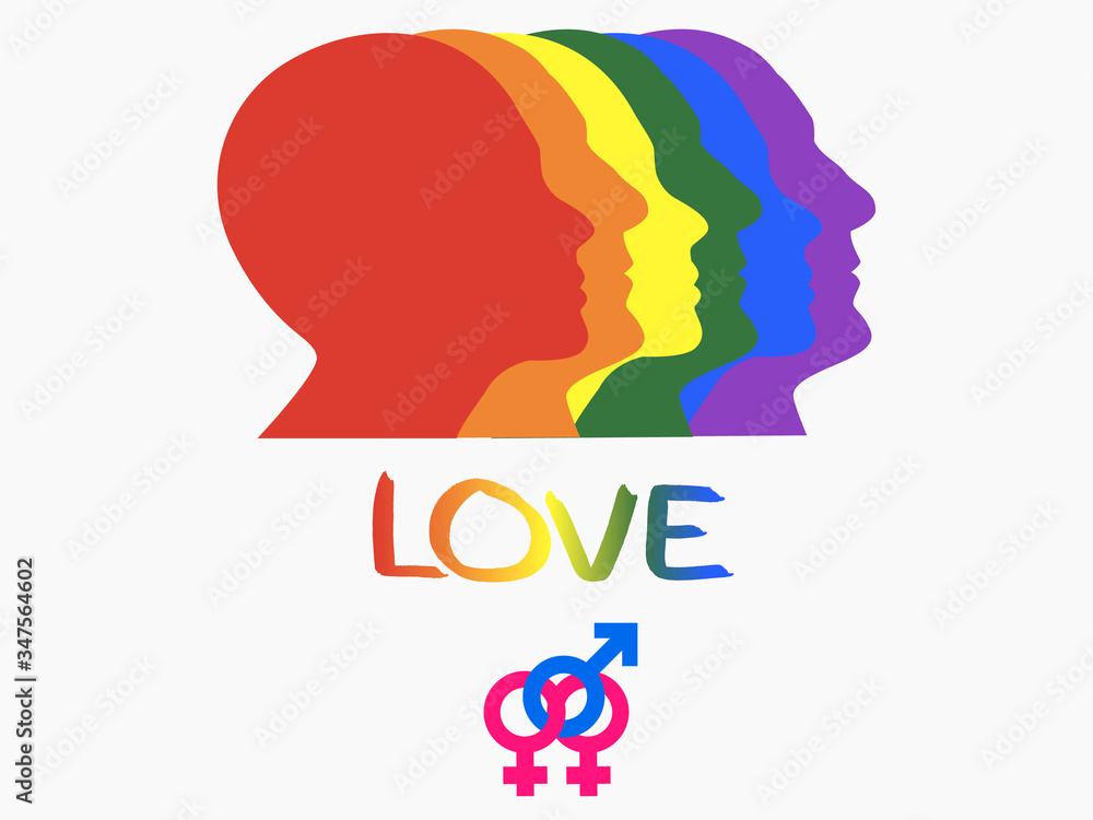 illustration of faces of girls and men in profile, LGBT community, love of all sexes man with two girls