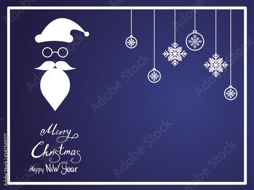 Blue card with Santa Claus and a greeting to Merry Christmas and New Year with snowflakes and balls.