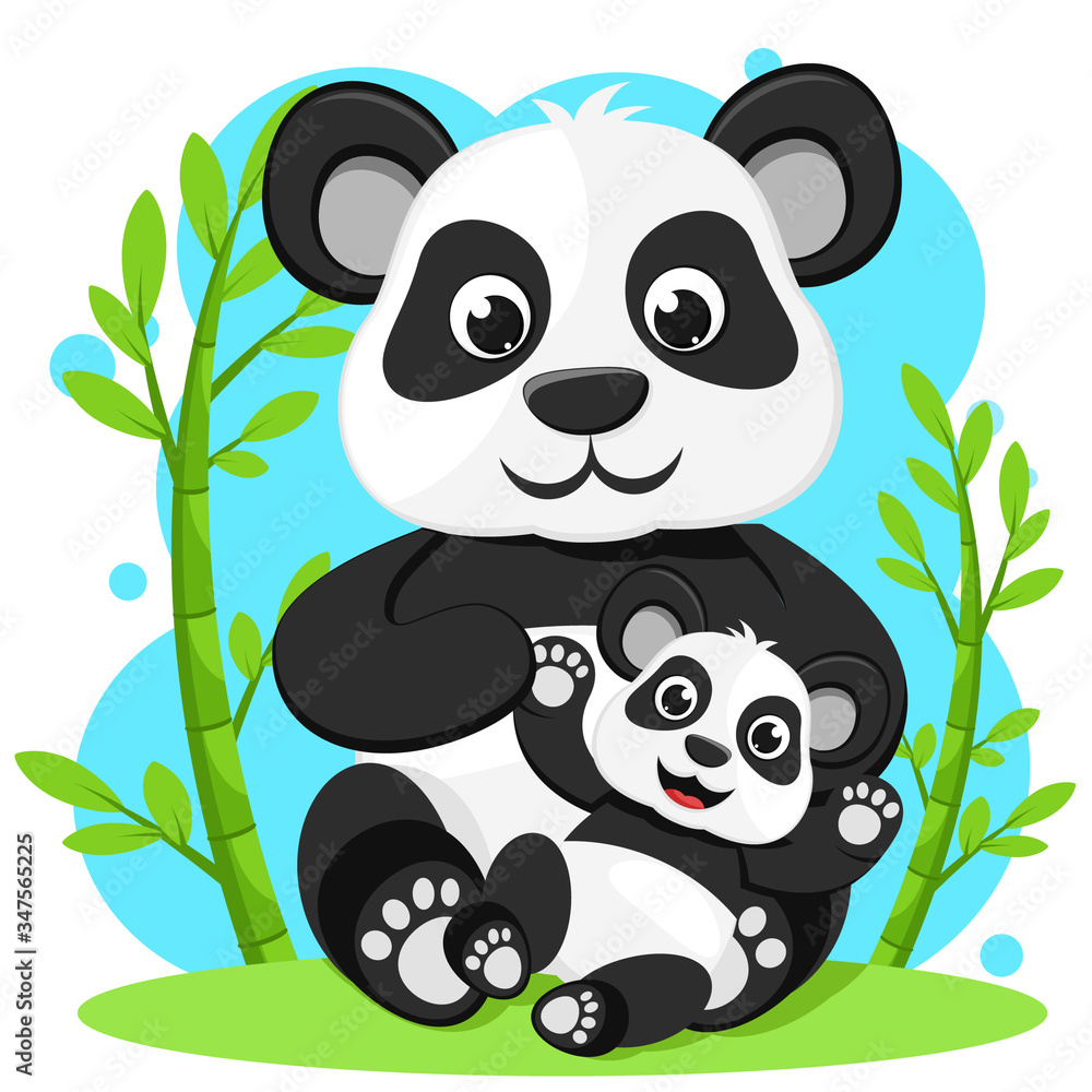 Panda bear with little panda sitting near the bamboo Panda bear with little panda sitting near the bamboo