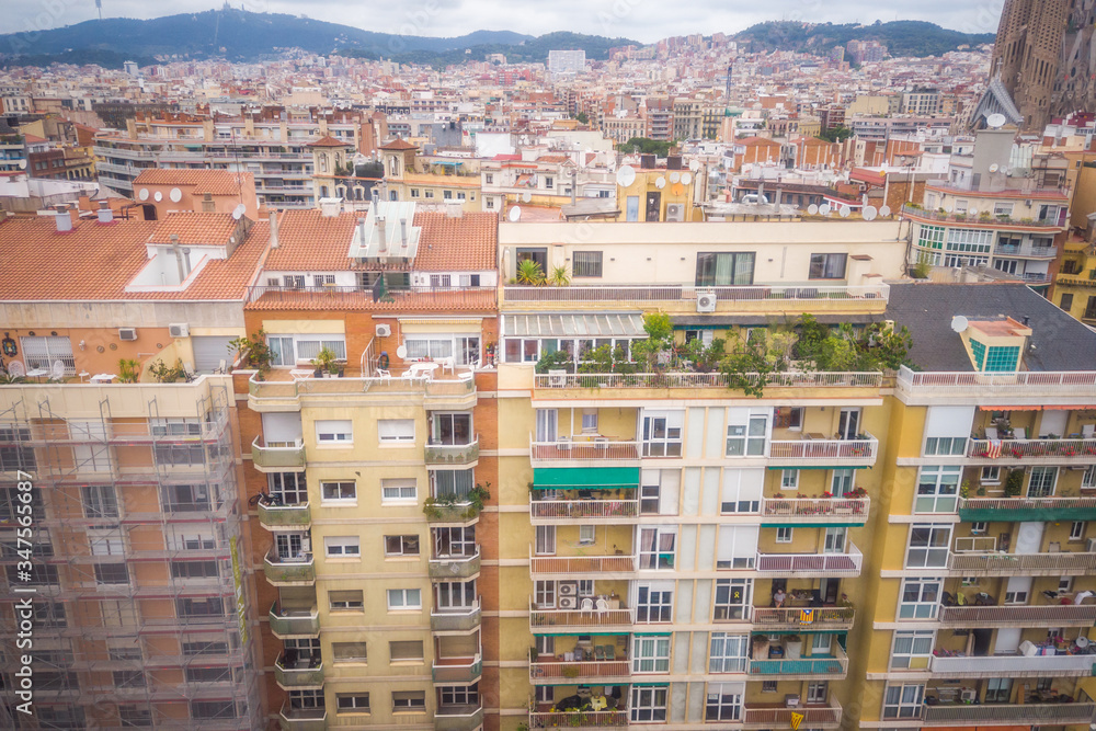 Aerial view  of buildings in Barcelona downtown, Eixample. Spain. Drone Photo