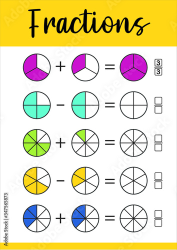 Fractions Addition, Printable Worksheets for kids , math worksheet for kids, fraction addition problems.