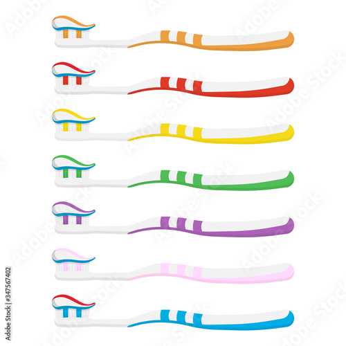 Set of toothbrush with toothpaste isolated on white background. Vector illustration.