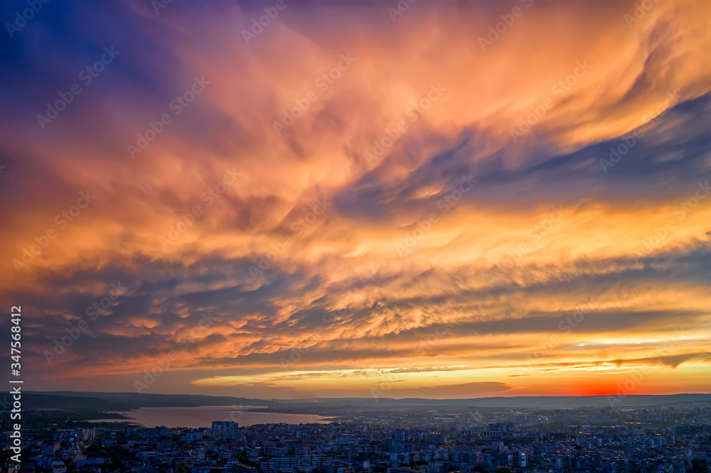 Amazing colorful clouds over the city. Varna, Bulgaria