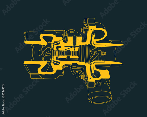 Outline of sectioned turbocharger. Vector illustration