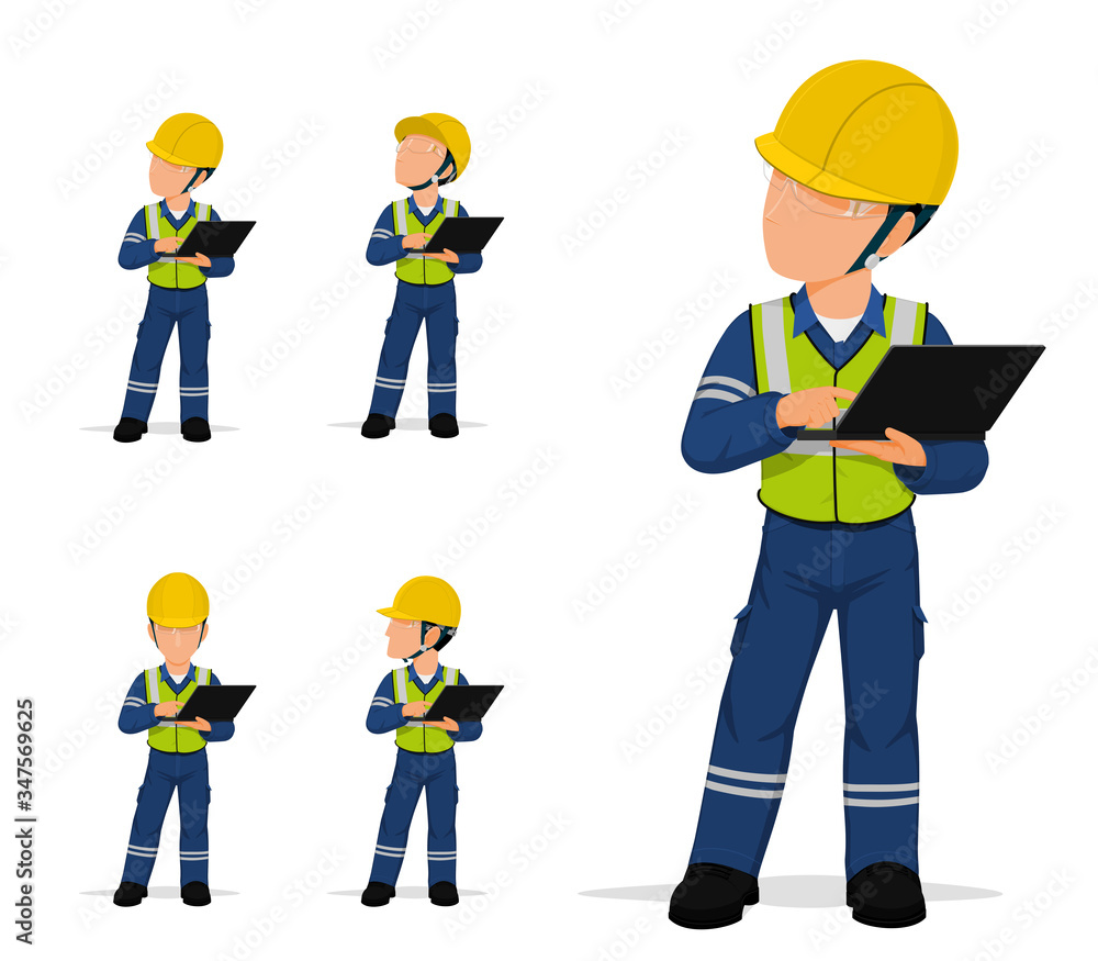 Set of industrial worker with laptop on white background Set of industrial worker with laptop on white background