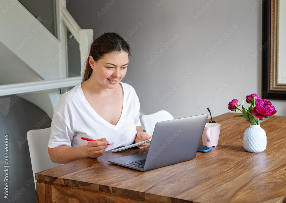 Girl working or studying online from home. Freelance, online work, studying, learning and communication concept. Home office. Girl working or studying online from home. Freelance, online work, studying, learning and communication concept. Home office.