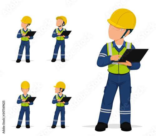 Set of industrial worker with laptop on white background