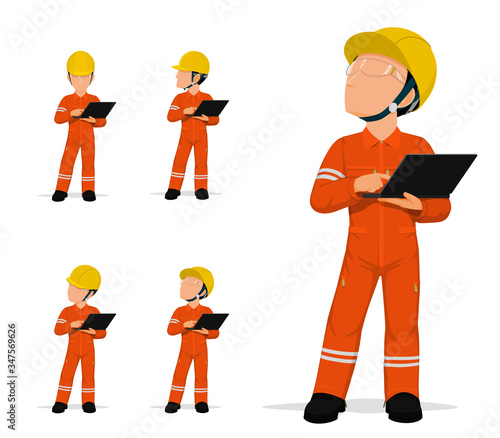 Set of industrial worker with laptop on white background