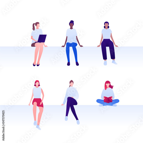 Student education concept. Vector flat illustration set. Young adult woman in casual cloth sitting. Group of multi-ethnic female sit isolated on white. Design element for banner, web, infographic.