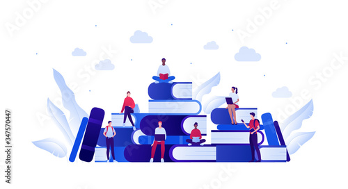 Student education concept. Vector flat person illustration. Back to school banner template. Group of multi-ethnic young adult people sitting on books with backpacks, laptop, smart phone.