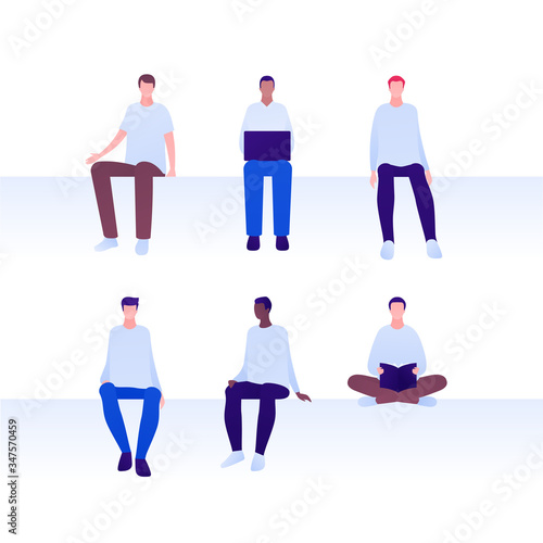 Student education concept. Vector flat illustration set. Young adult man in casual outfit sitting. Group of multi-ethnic male sit isolated on white. Book and laptop. Design element for banner, web.