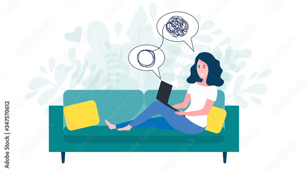 Woman sitting on sofa with laptop on online psychological consultation. Concept of online psychotherapy session, support or help. Professional online therapist counseling female with mental problem. Woman sitting on sofa with laptop on online psychological consultation. Concept of online psychotherapy session, support or help. Professional online therapist counseling female with mental problem.