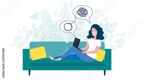 Woman sitting on sofa with laptop on online psychological consultation. Concept of online psychotherapy session, support or help. Professional online therapist counseling female with mental problem.