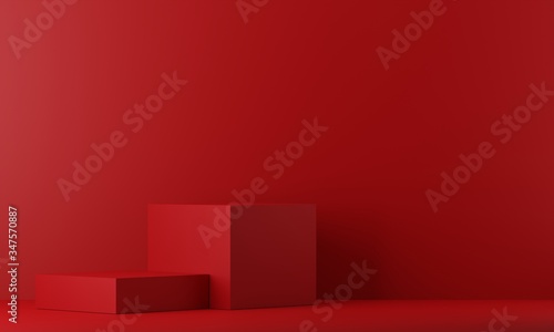 Red pedestal for display. Empty product stand with geometrical shape. minimal style. 3d render.