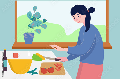 Stay home and cook healthy food yourself. Young woman is cooking healthy food in cozy kitchen. Mother preparing dinner salad for family. Coronavirus quarantine lockdown. Lifestyle vector illustration