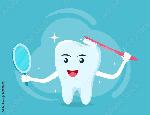 Happy tooth the character cleans himself with a toothbrush and looks in the mirror. Dental health care concept Illustration. Vector, flat style.