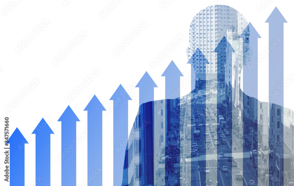 Growth business concept. double exposure of a businessman and graphic, city view. Success Concept Growth business concept. double exposure of a businessman and graphic, city view. Success Concept