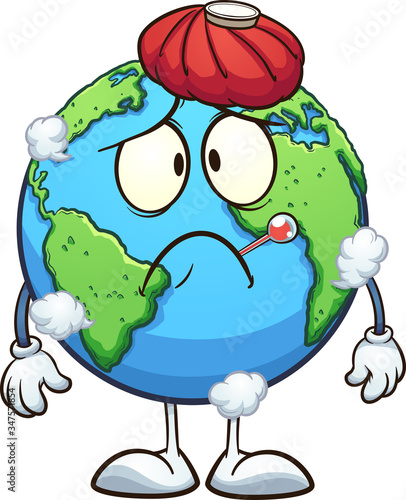 Sick cartoon planet earth with thermometer and water bag. Vector clip art illustration with simple gradients. Some elements on separate layers.
