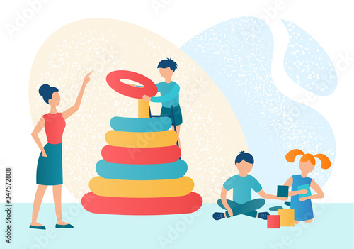 Kindergarten teacher, nanny baby sitter with a group of playing children.