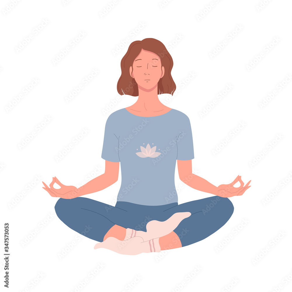 Woman with closed eyes sitting cross-legged, practicing yoga and enjoying meditation. Young girl with crossed legs sitting in lotus position and meditating. Relaxation at home. Flat vector isolated Woman with closed eyes sitting cross-legged, practicing yoga and enjoying meditation. Young girl with crossed legs sitting in lotus position and meditating. Relaxation at home. Flat vector isolated