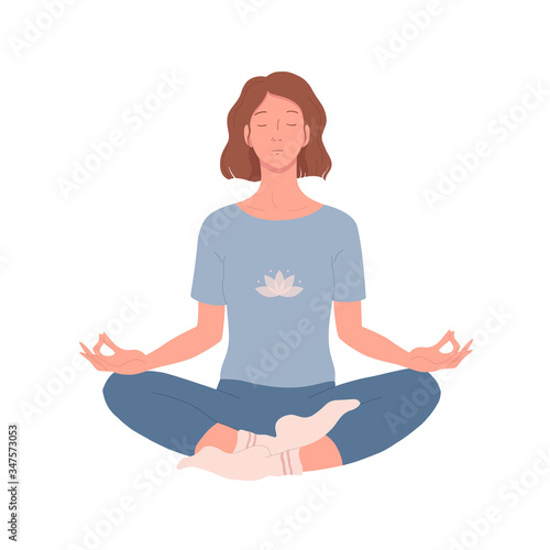 Wallpaper Mural Woman with closed eyes sitting cross-legged, practicing yoga and enjoying meditation. Young girl with crossed legs sitting in lotus position and meditating. Relaxation at home. Flat vector isolated Torontodigital.ca