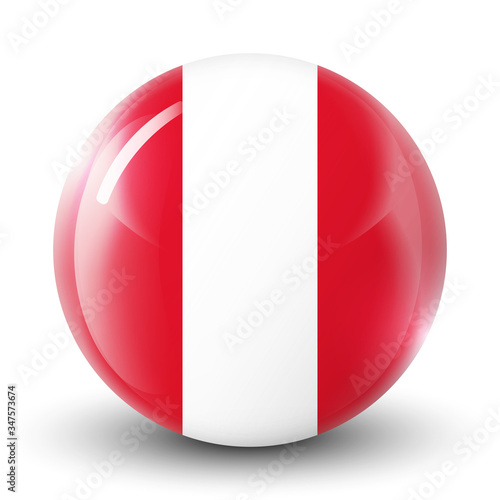 Glass light ball with flag of Peru. Round sphere, template icon. Peruvian national symbol. Glossy realistic ball, 3D abstract vector illustration highlighted on a white background. Big bubble.