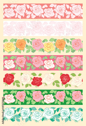 floral seamless borders with roses - vector set of decorative ornaments