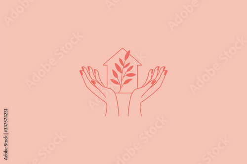 Vector set of abstract logo design templates in simple linear style - cozy home emblems, houses and plants  stay at home - symbols for social media stories highlights 