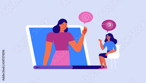 Vector illustration in flat  simple style - online psychological help and support service - psychologist and her patient having video call using modern technology app