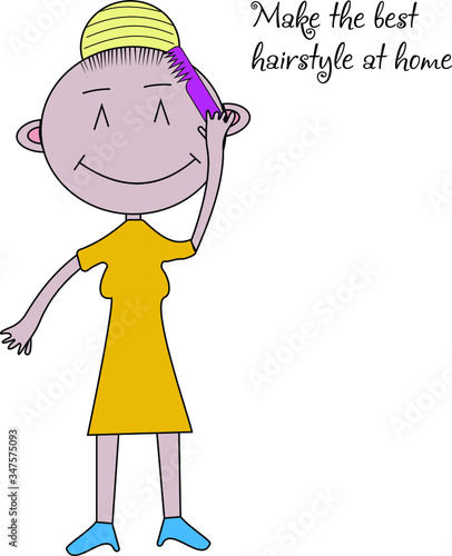 Girl does hairstyle at home. The illustration shows what you can do at home. Vector isolated on white background.