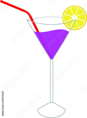 Image of a blue cocktail with lemon in a glass. Vector isolated on white background.