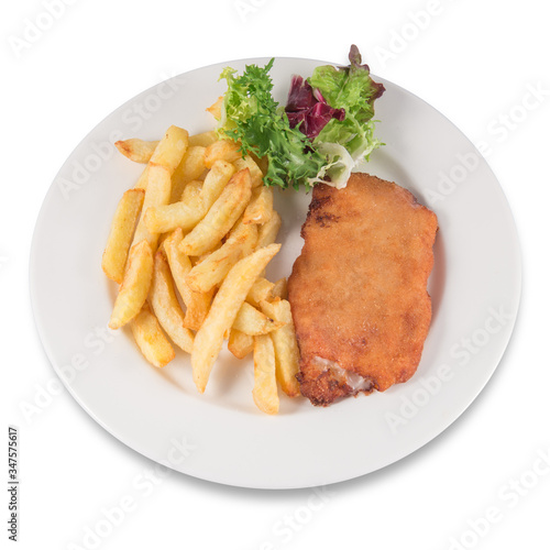 San Jacobo steak filled with cheese with French fries and endive.
