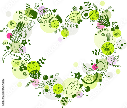 healthy colorful food vector illustration. Concept with icons of cooking ingredients in the shape of a heart. Healthy eating, fresh ingredients, balanced diet illustration.