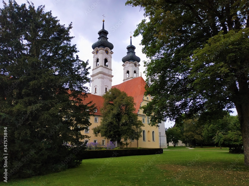 Towers of Zwiefalten cathedral in the park