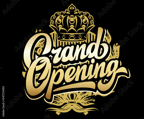 Golden calligraphic inscription Grand Opening on a black background