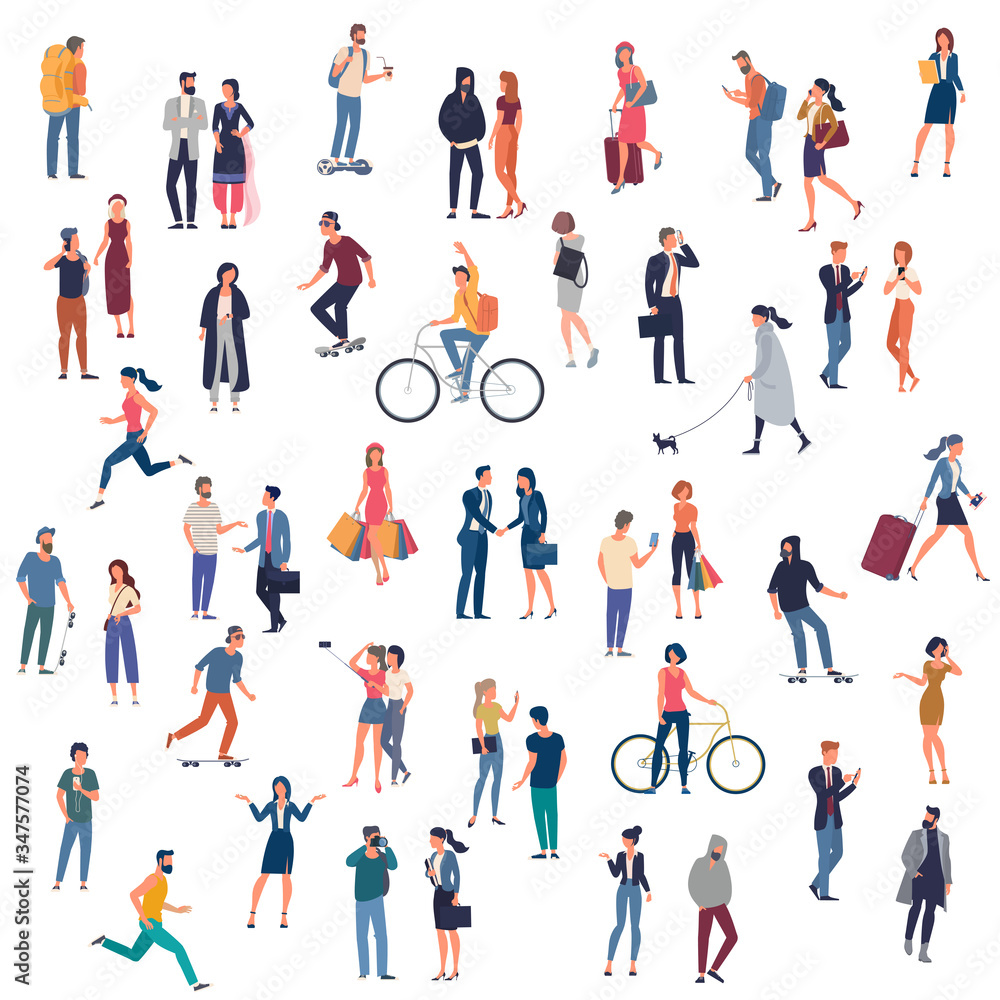 Set of vector ready to animation people characters performing various activities. Group of men and women flat design style cartoon characters isolated on white background.