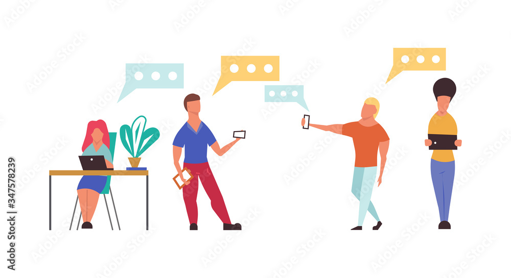 People using device in office vector flat illustration technology. Digital communication business with man and woman with laptop, phone. Social connection online lifestyle group. Media gadget network