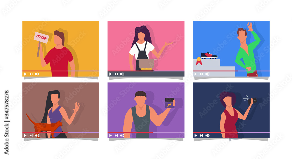 Blogger people on screen vlog vector flat illustration concept online video. Business internet communication social media. Digital network character marketing content live. Broadcast streaming share Blogger people on screen vlog vector flat illustration concept online video. Business internet communication social media. Digital network character marketing content live. Broadcast streaming share
