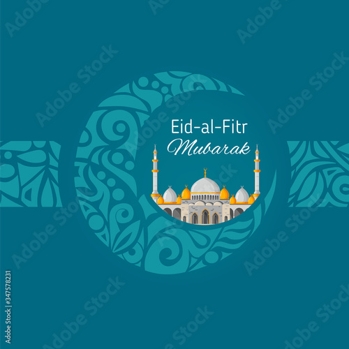 Crescent moon decorated with zentangle for muslim community festival Eid Al Fitr Mubarak. Greeting card template