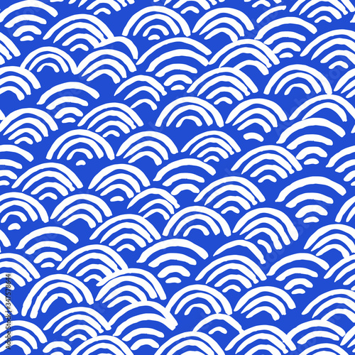 All over seamless vector repeat pattern with white abstract geometric half circle Japanese koi fish scale rainbow wi-fi shapes in navy blue
