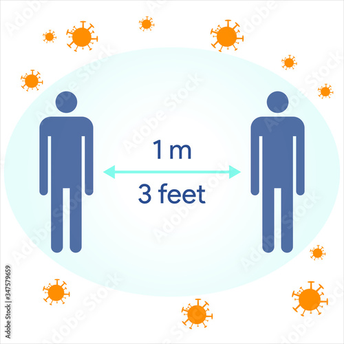 Keep distance sign. Coronovirus epidemic protective equipment. Preventive measures. Steps to protect yourself. Keep the 1 meter distance. Vector illustration.