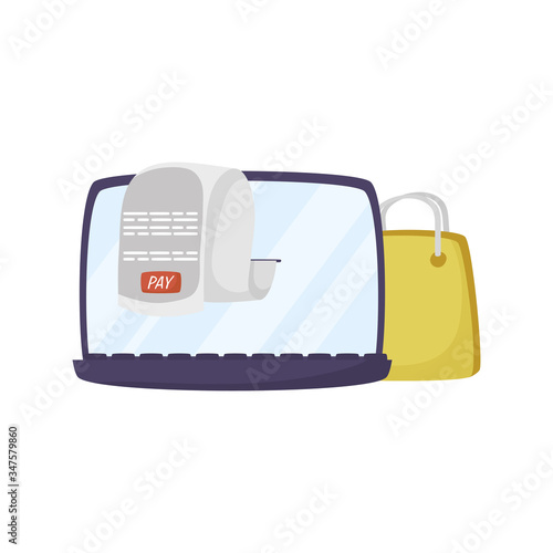 laptop with receipt and shopping bag