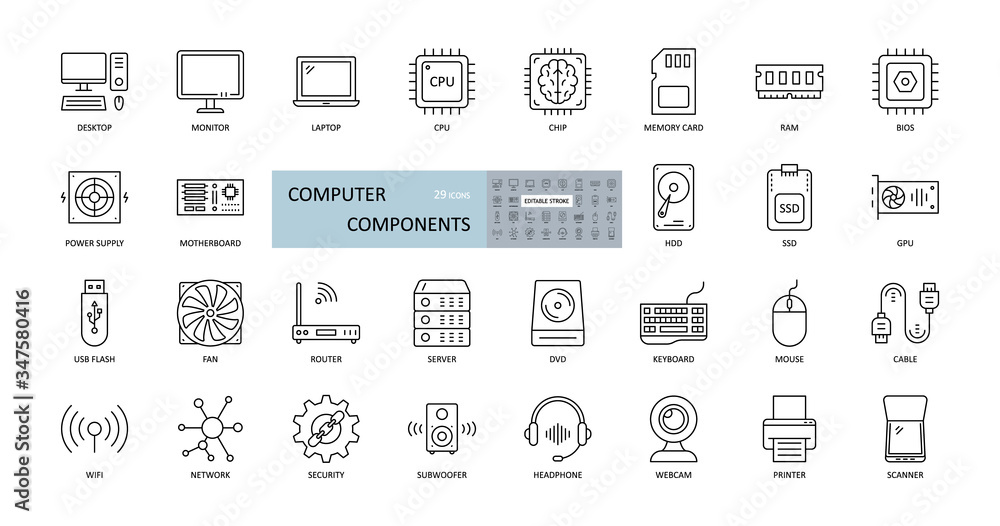 Vector icons of computer components. Editable Stroke. Parts of a PC, such  as RAM memory, hdd ssd cpu processor. Keyboard mouse headphone speakers,  laptop monitor server. Webcam printer scanner Stock Vector