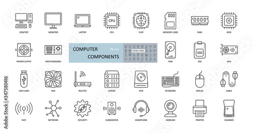 Vector icons of computer components. Editable Stroke. Parts of a PC, such as RAM memory, hdd ssd cpu processor. Keyboard mouse headphone speakers, laptop monitor server. Webcam printer scanner photo