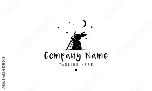 Vector logo on which an abstract image of a curious rabbit holding a ladder in the background of the moon and stars.